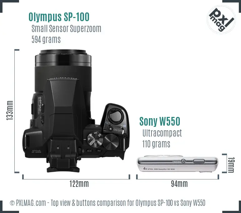 Olympus SP-100 vs Sony W550 top view buttons comparison Olympus SP-100 vs Sony W550 top view buttons comparison