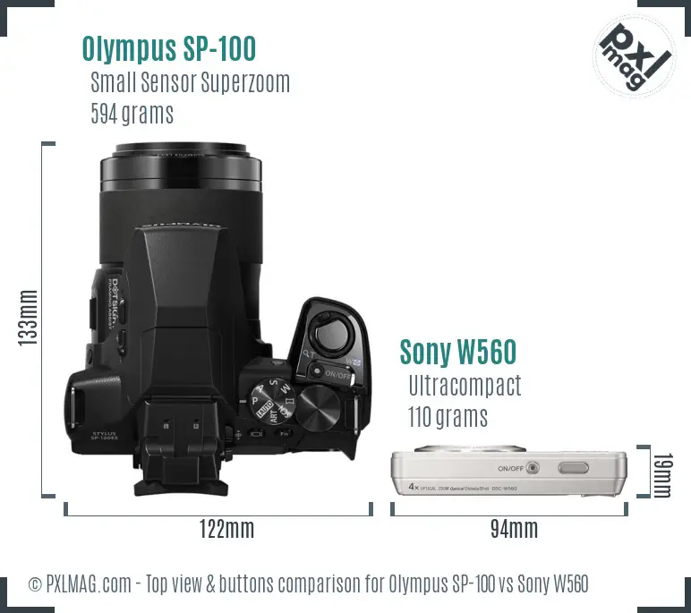 Olympus SP-100 vs Sony W560 top view buttons comparison