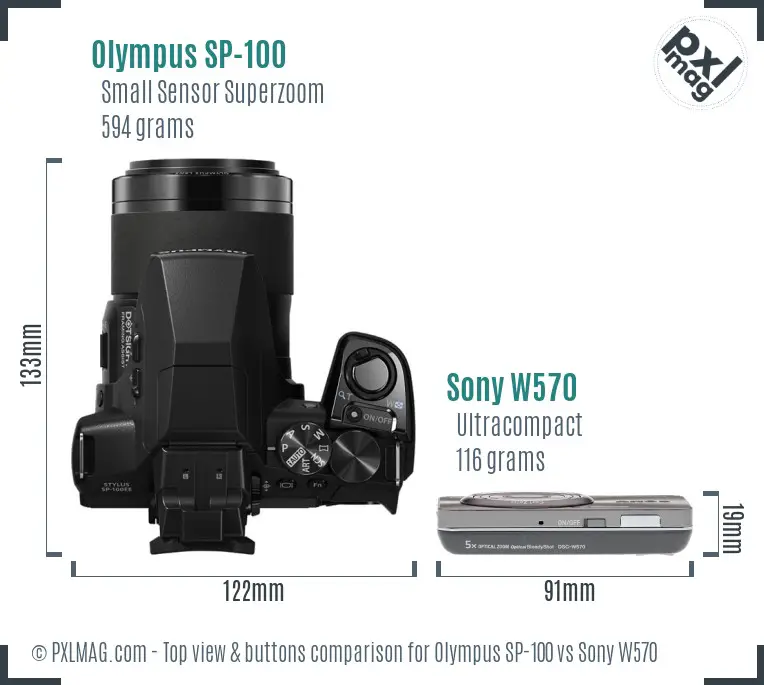 Olympus SP-100 vs Sony W570 top view buttons comparison