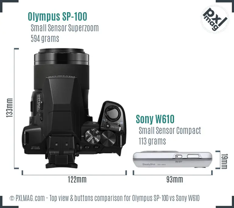 Olympus SP-100 vs Sony W610 top view buttons comparison Olympus SP-100 vs Sony W610 top view buttons comparison