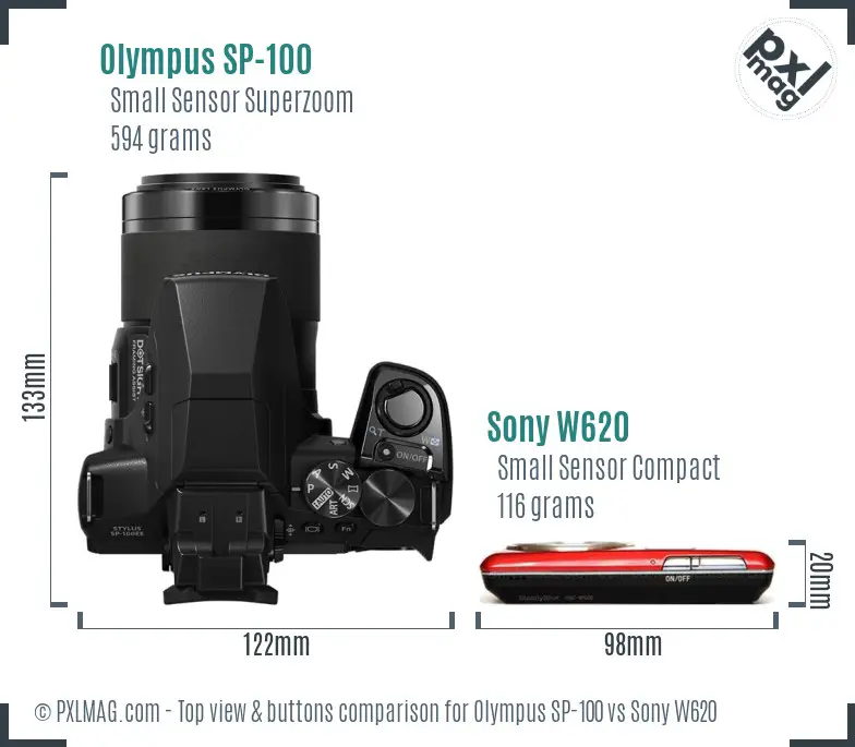Olympus SP-100 vs Sony W620 top view buttons comparison Olympus SP-100 vs Sony W620 top view buttons comparison