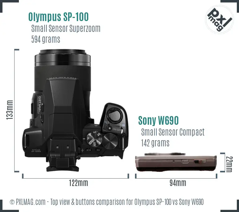 Olympus SP-100 vs Sony W690 top view buttons comparison