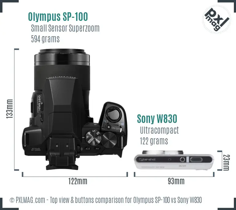 Olympus SP-100 vs Sony W830 top view buttons comparison