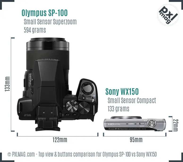 Olympus SP-100 vs Sony WX150 top view buttons comparison