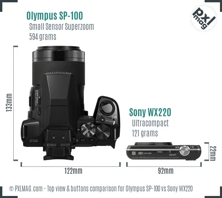 Olympus SP-100 vs Sony WX220 top view buttons comparison