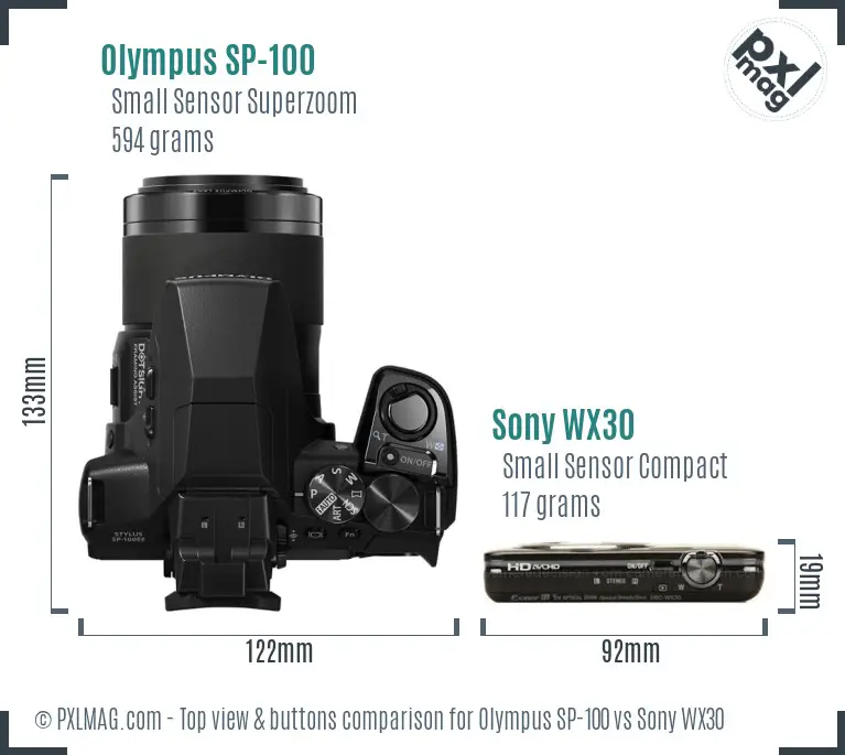 Olympus SP-100 vs Sony WX30 top view buttons comparison