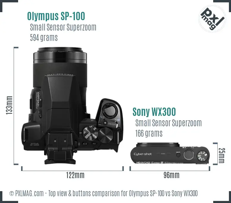 Olympus SP-100 vs Sony WX300 top view buttons comparison