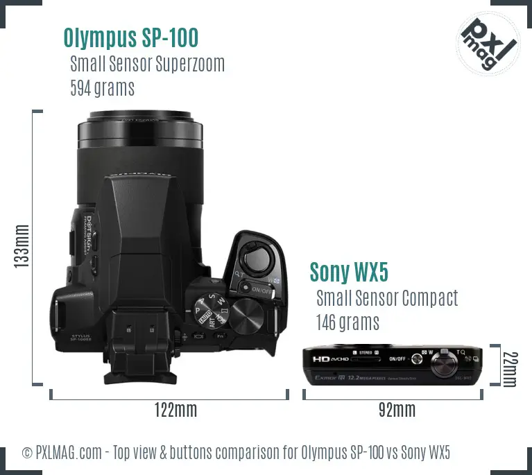 Olympus SP-100 vs Sony WX5 top view buttons comparison