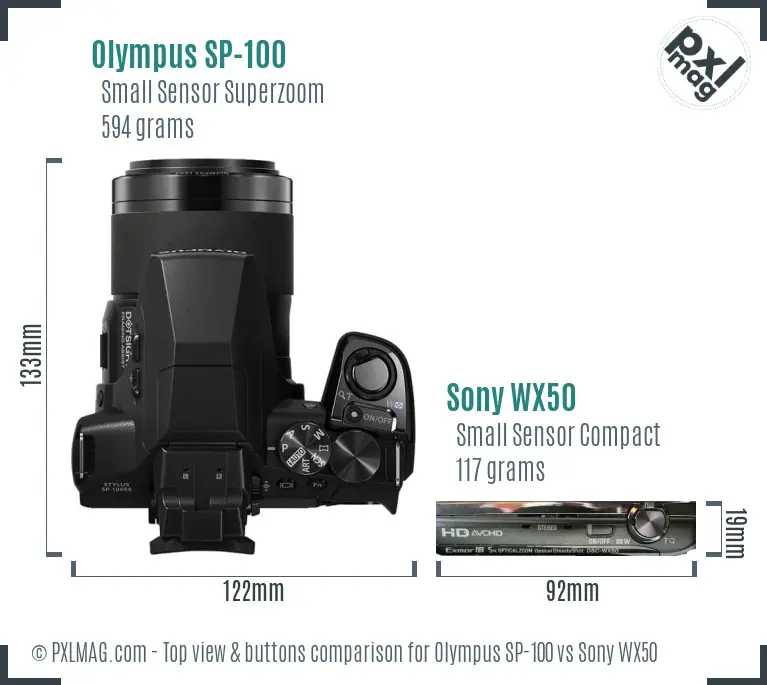 Olympus SP-100 vs Sony WX50 top view buttons comparison Olympus SP-100 vs Sony WX50 top view buttons comparison