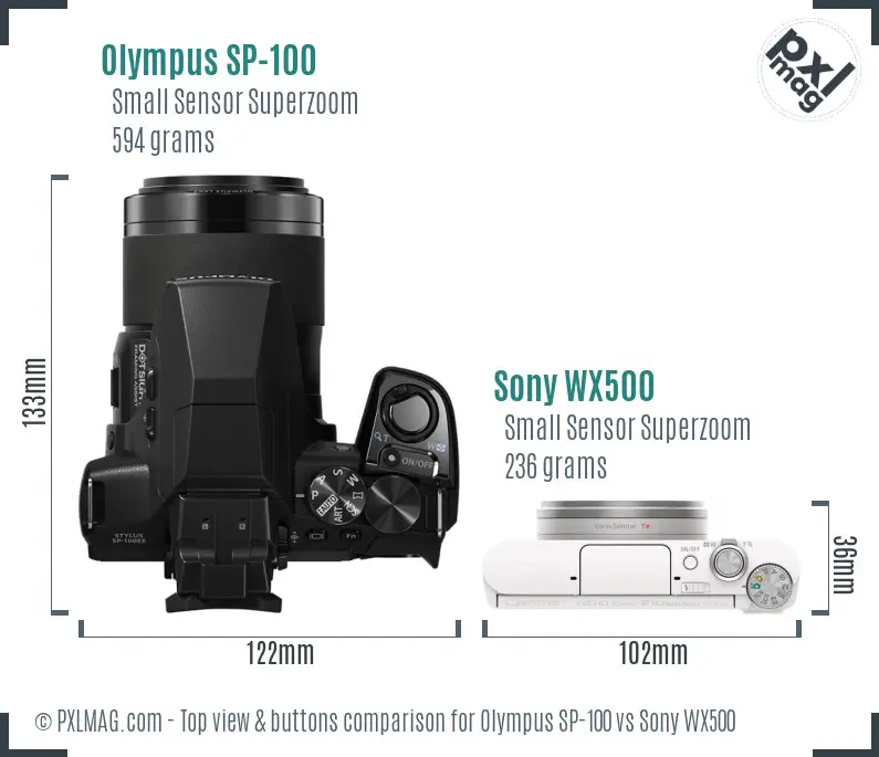 Olympus SP-100 vs Sony WX500 top view buttons comparison