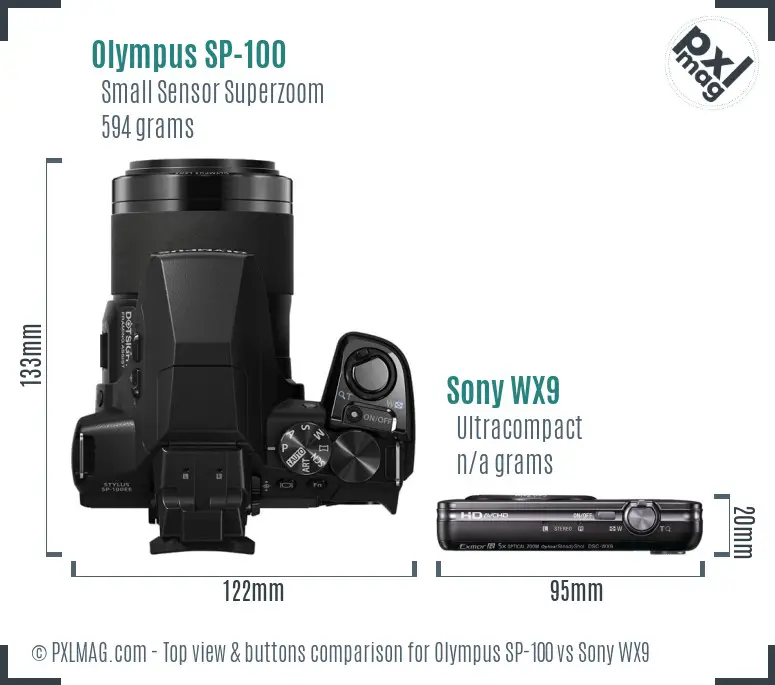 Olympus SP-100 vs Sony WX9 top view buttons comparison