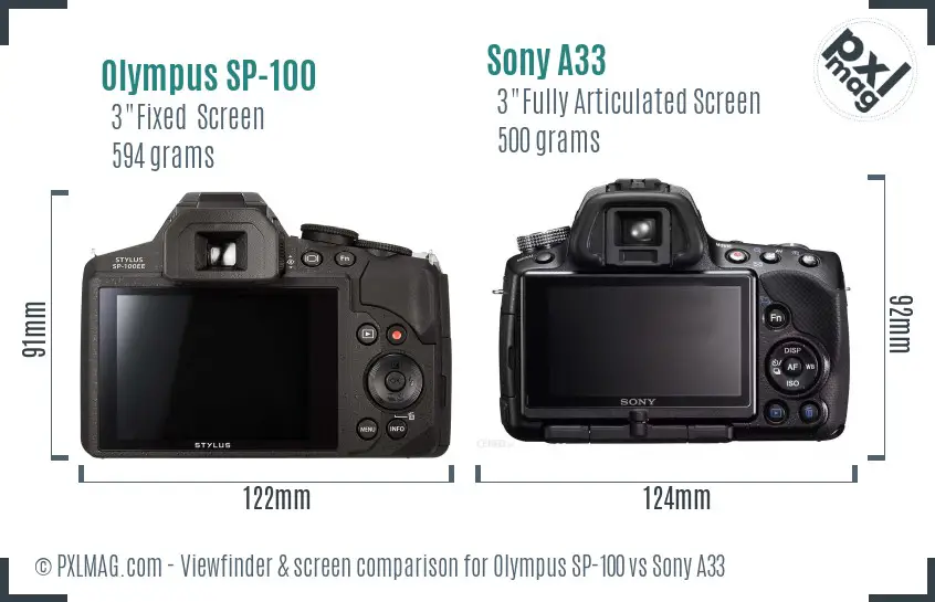 Olympus SP-100 vs Sony A33 Screen and Viewfinder comparison