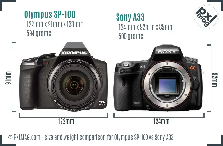 Olympus SP-100 vs Sony A33 size comparison