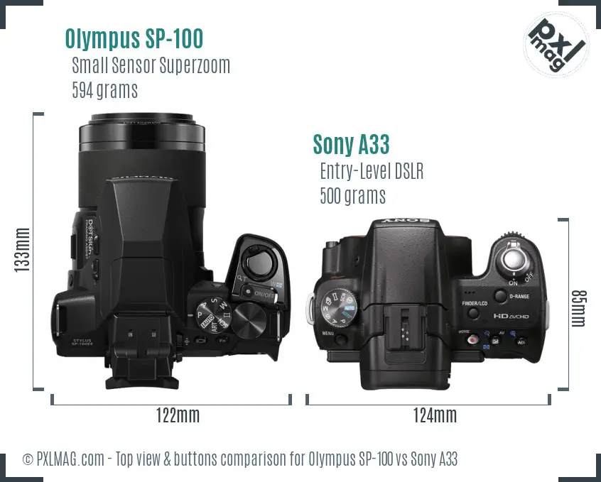 Olympus SP-100 vs Sony A33 top view buttons comparison