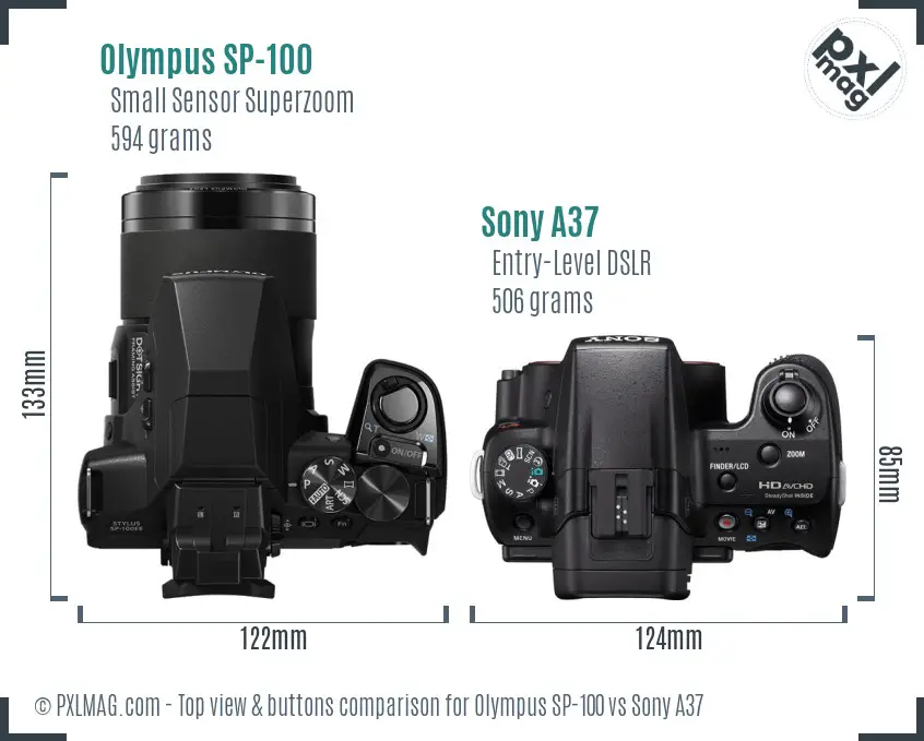 Olympus SP-100 vs Sony A37 top view buttons comparison