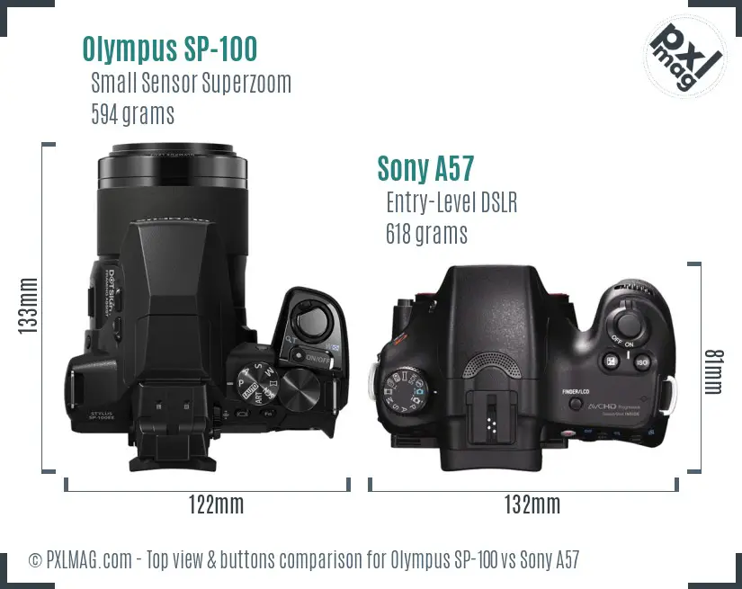 Olympus SP-100 vs Sony A57 top view buttons comparison