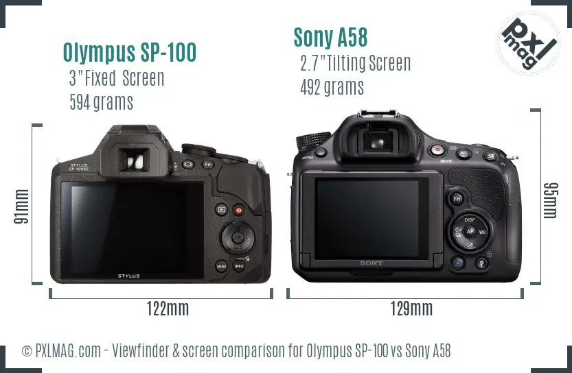 Olympus SP-100 vs Sony A58 Screen and Viewfinder comparison
