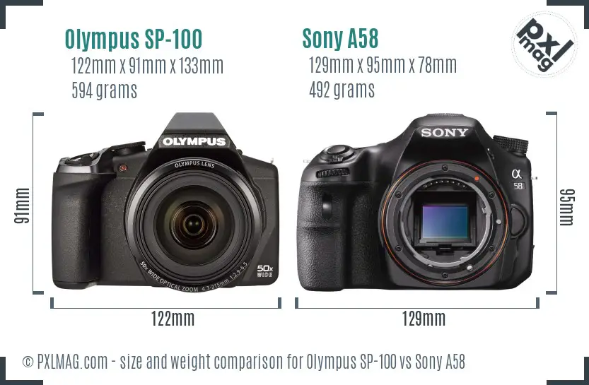 Olympus SP-100 vs Sony A58 size comparison Olympus SP-100 vs Sony A58 size comparison