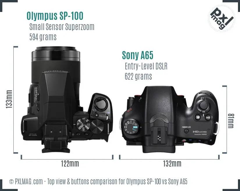 Olympus SP-100 vs Sony A65 top view buttons comparison