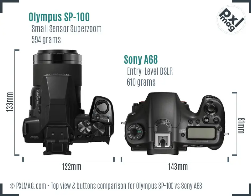Olympus SP-100 vs Sony A68 top view buttons comparison