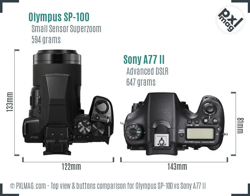 Olympus SP-100 vs Sony A77 II top view buttons comparison
