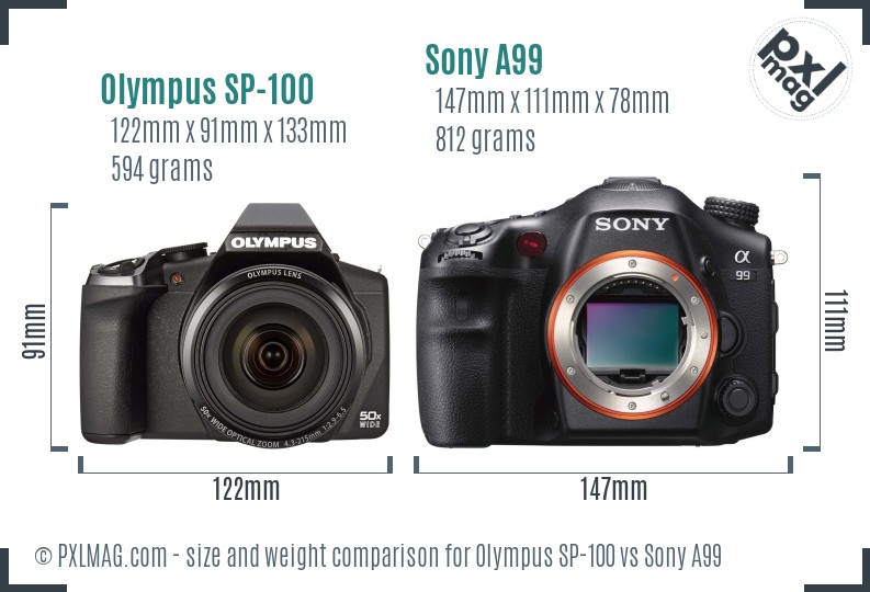 Olympus SP-100 vs Sony A99 size comparison