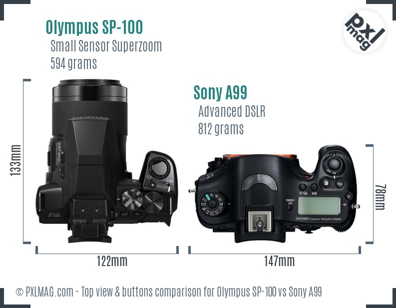 Olympus SP-100 vs Sony A99 top view buttons comparison