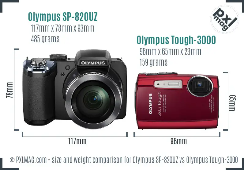 Olympus SP-820UZ vs Olympus Tough-3000 size comparison