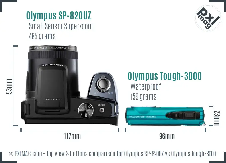 Olympus SP-820UZ vs Olympus Tough-3000 top view buttons comparison