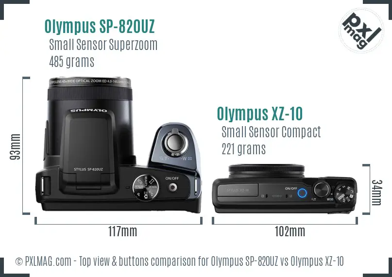 Olympus SP-820UZ vs Olympus XZ-10 top view buttons comparison
