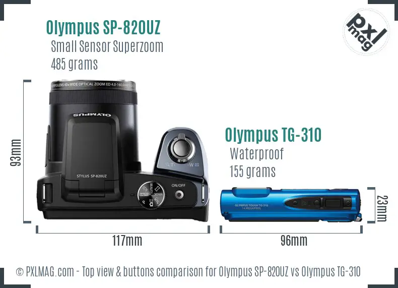 Olympus SP-820UZ vs Olympus TG-310 top view buttons comparison