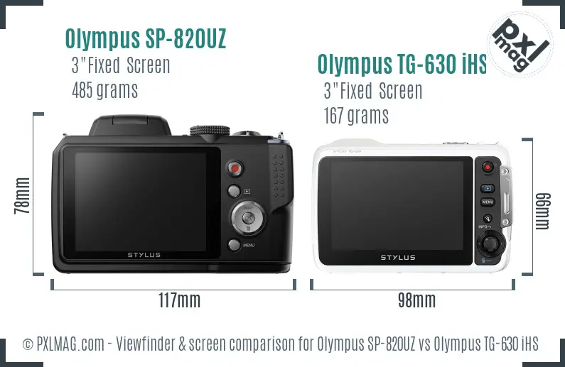 Olympus SP-820UZ vs Olympus TG-630 iHS Screen and Viewfinder comparison