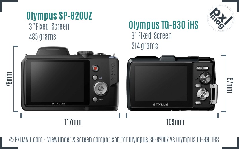 Olympus SP-820UZ vs Olympus TG-830 iHS Screen and Viewfinder comparison