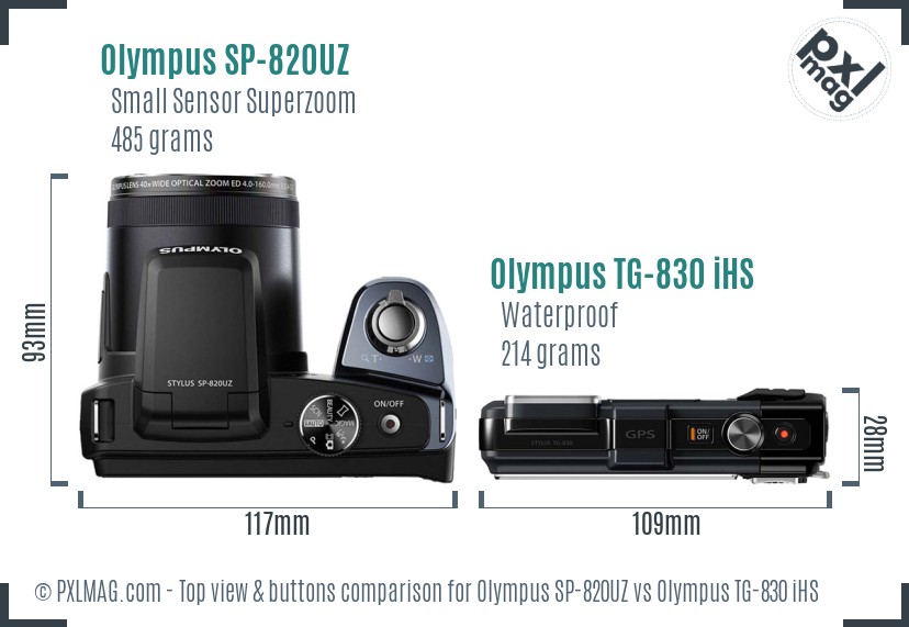 Olympus SP-820UZ vs Olympus TG-830 iHS top view buttons comparison