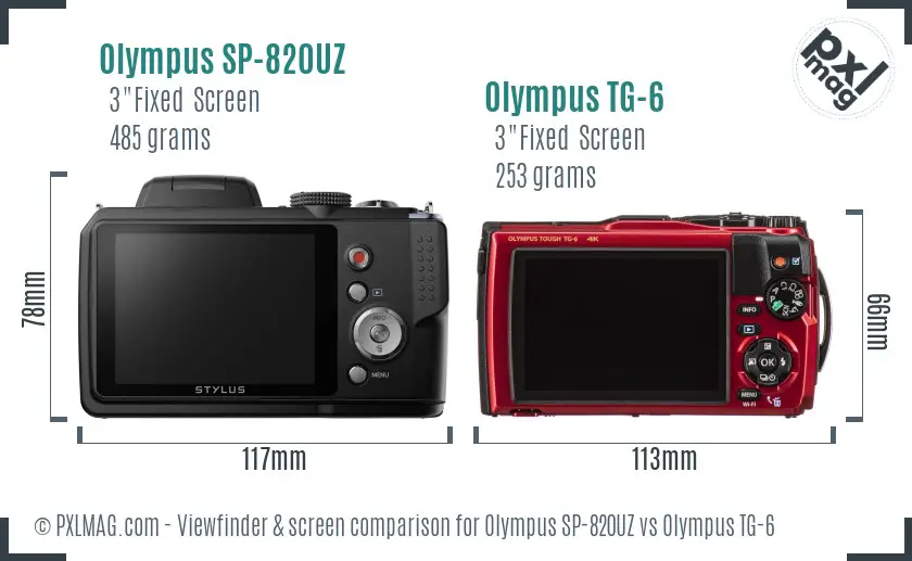 Olympus SP-820UZ vs Olympus TG-6 Screen and Viewfinder comparison