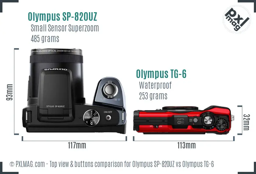 Olympus SP-820UZ vs Olympus TG-6 top view buttons comparison