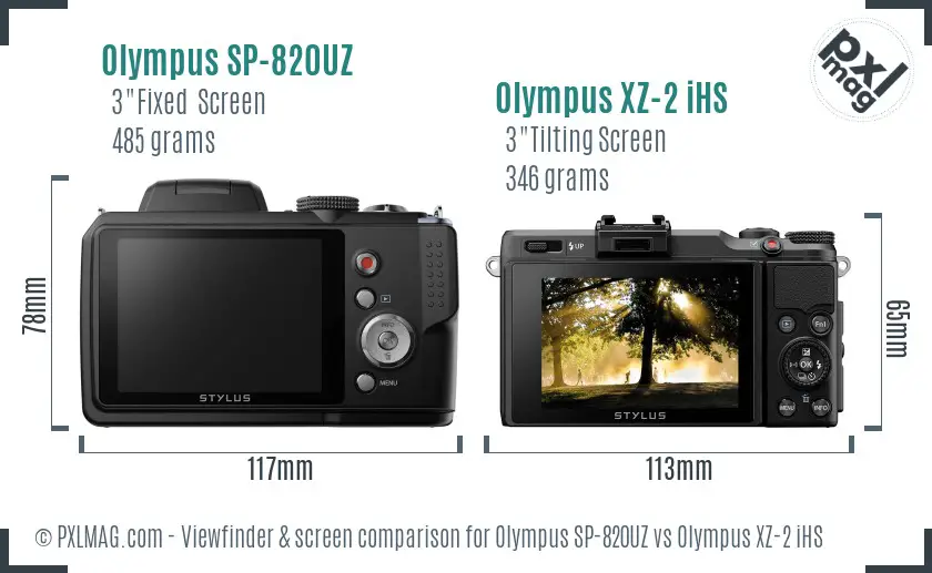 Olympus SP-820UZ vs Olympus XZ-2 iHS Screen and Viewfinder comparison
