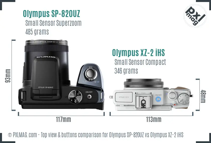 Olympus SP-820UZ vs Olympus XZ-2 iHS top view buttons comparison