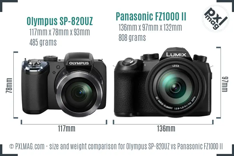 Olympus SP-820UZ vs Panasonic FZ1000 II size comparison