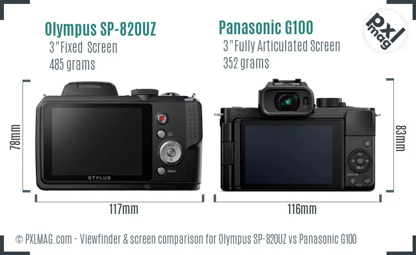 Olympus SP-820UZ vs Panasonic G100 Screen and Viewfinder comparison
