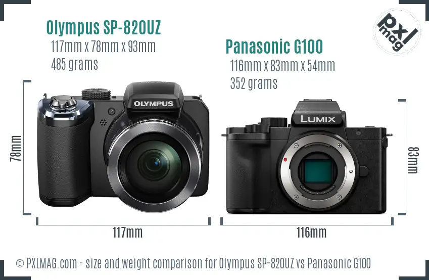 Olympus SP-820UZ vs Panasonic G100 size comparison