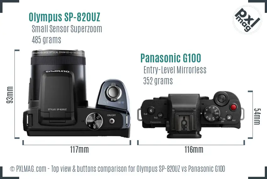Olympus SP-820UZ vs Panasonic G100 top view buttons comparison