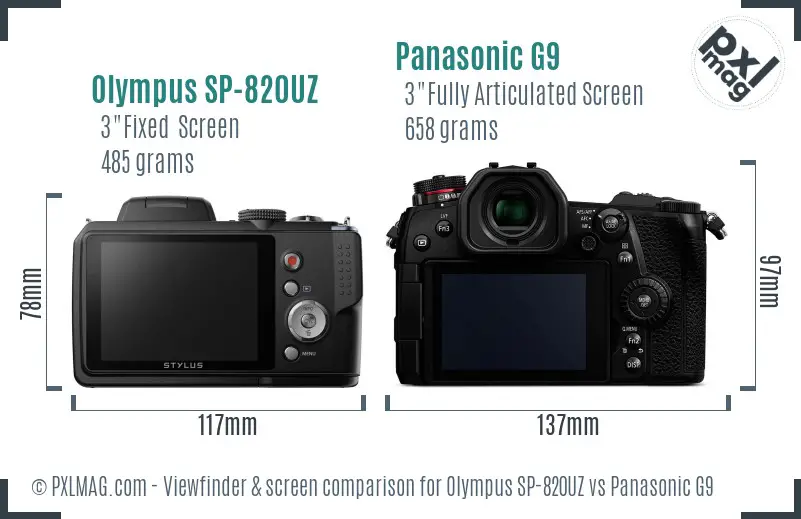 Olympus SP-820UZ vs Panasonic G9 Screen and Viewfinder comparison