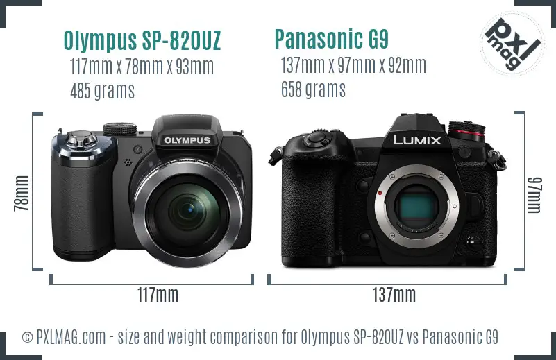 Olympus SP-820UZ vs Panasonic G9 size comparison