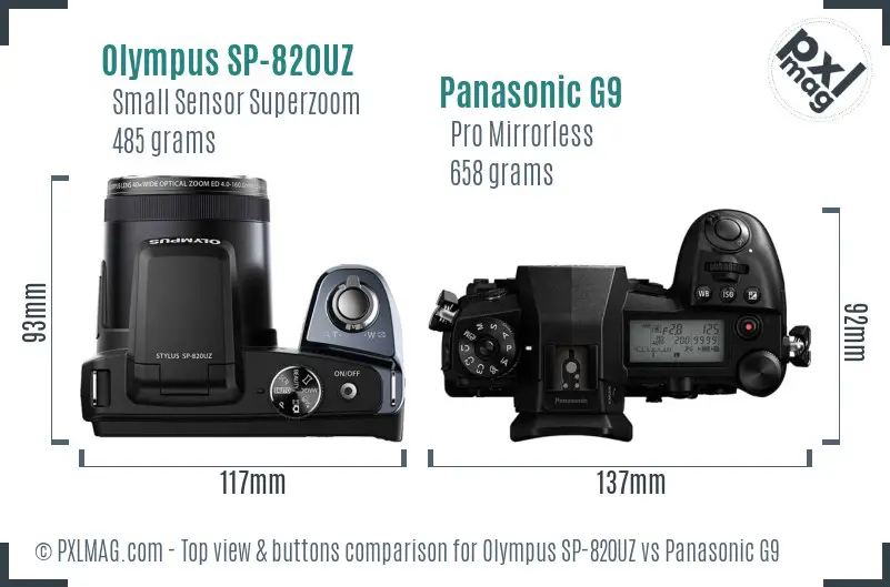 Olympus SP-820UZ vs Panasonic G9 top view buttons comparison