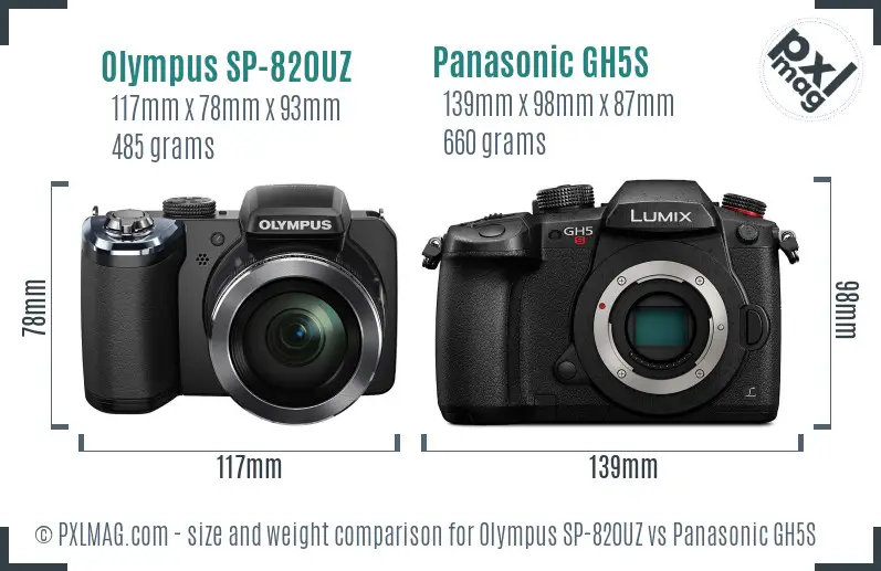 Olympus SP-820UZ vs Panasonic GH5S size comparison