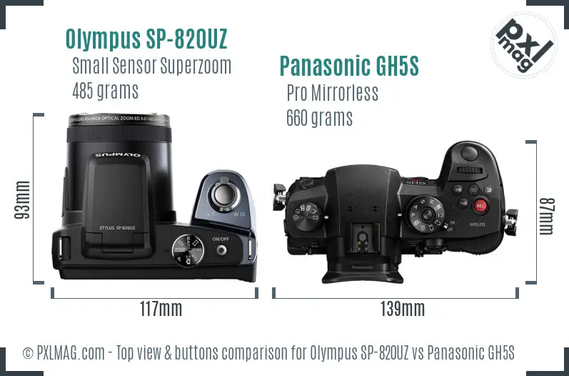 Olympus SP-820UZ vs Panasonic GH5S top view buttons comparison