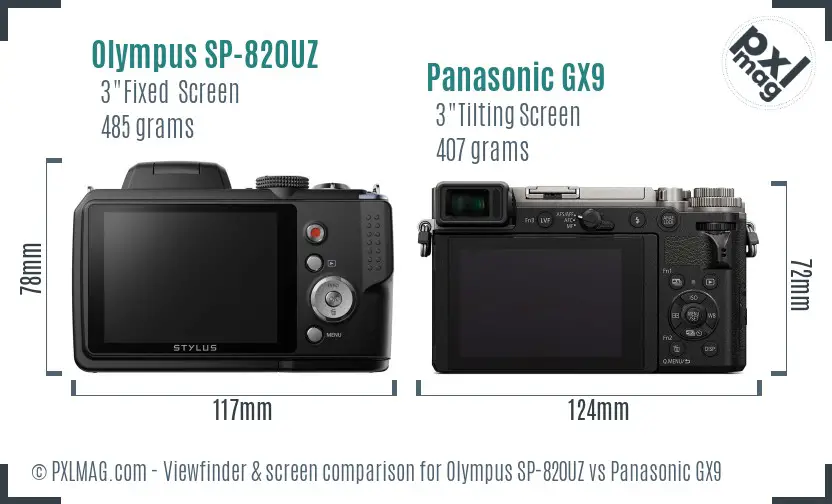 Olympus SP-820UZ vs Panasonic GX9 Screen and Viewfinder comparison