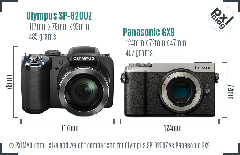 Olympus SP-820UZ vs Panasonic GX9 size comparison