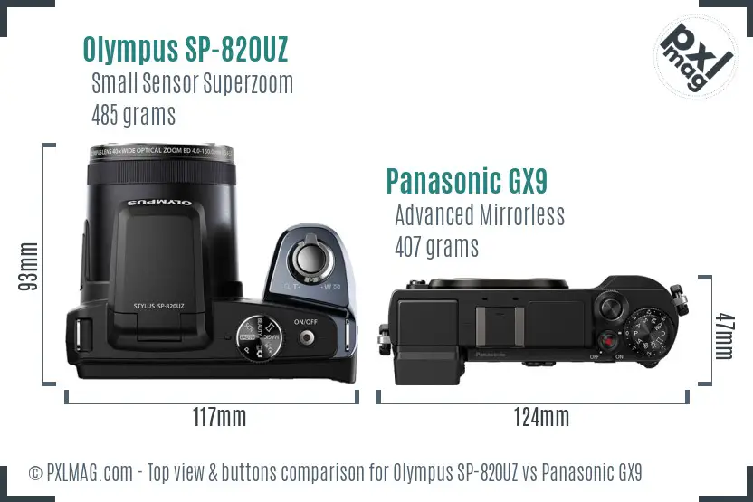 Olympus SP-820UZ vs Panasonic GX9 top view buttons comparison